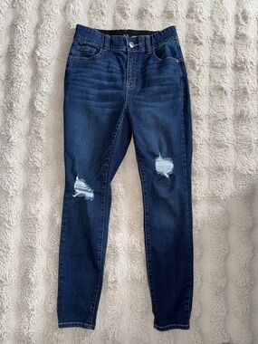 New York & Company Dark Blue Skinny Jeans with Knee Distressing